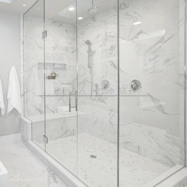 Luxury shower with Palermo calacatta marble effect tiles