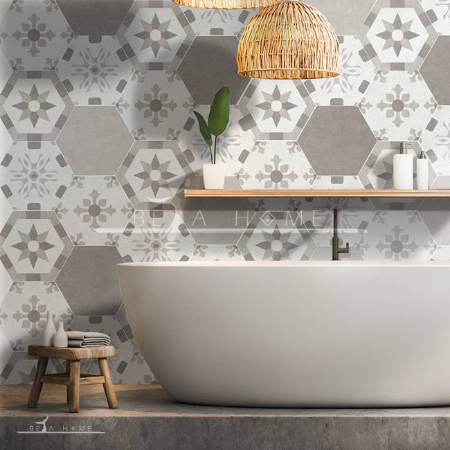 Goldis tile Hana grey hexagon tile with Hana decor tiles on a feature bathroom wall
