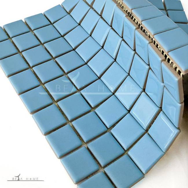 Light Blue glazed mosaic tiles on mesh backing