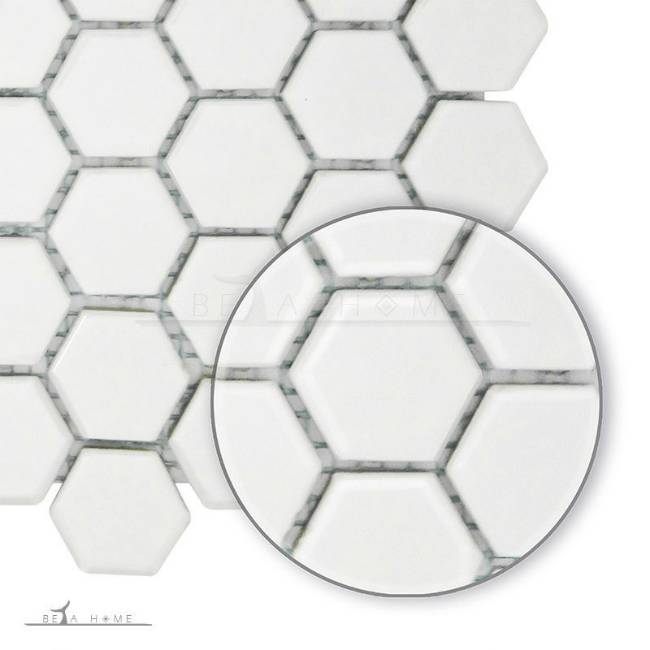 White hexagon mosaic ceramic tiles