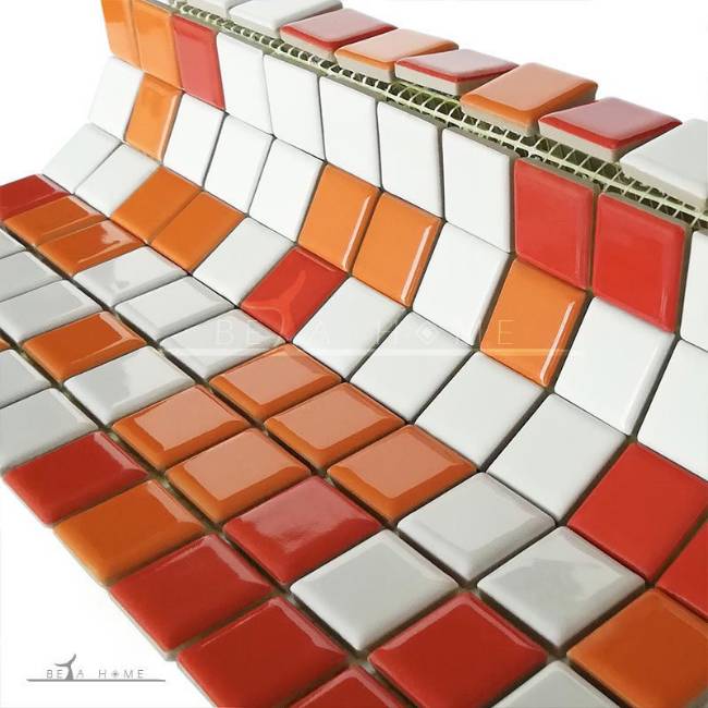 Artema ceramic Marina mix red orange and white mosaic tiles on mesh